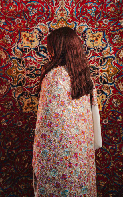 Kashmiri Sozni Jamawar Shawl - White | Paper Machie - Kashmir Jama