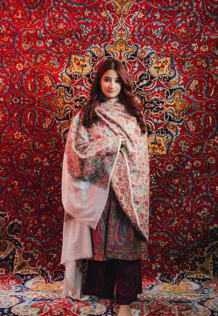 Kashmiri Sozni Jamawar Shawl - White | Paper Machie - Kashmir Jama