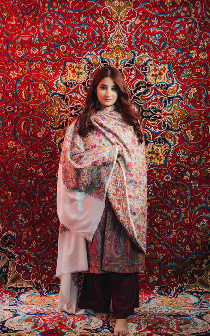 Kashmiri Sozni Jamawar Shawl - White | Paper Machie - Kashmir Jama