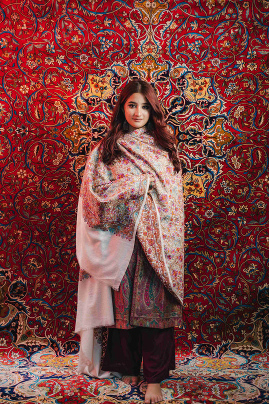 Kashmiri Sozni Jamawar Shawl - White | Paper Machie - Kashmir Jama