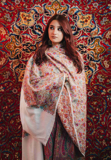 Kashmiri Sozni Jamawar Shawl - White | Paper Machie - Kashmir Jama