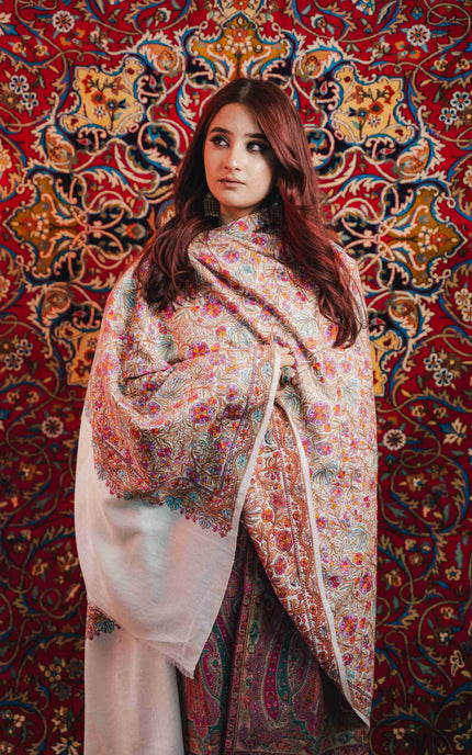 Kashmiri Sozni Jamawar Shawl - White | Paper Machie - Kashmir Jama