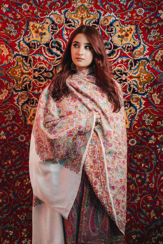 Kashmiri Sozni Jamawar Shawl - White | Paper Machie - Kashmir Jama