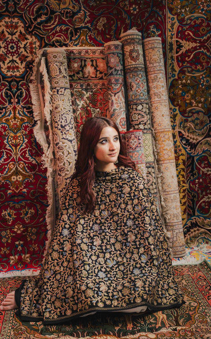 Kashmiri Aari Work Shawl - Black | Zari Outline - Kashmir Jama