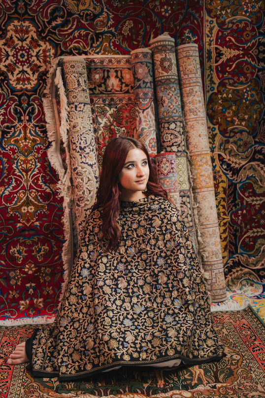 Kashmiri Aari Work Shawl - Black | Zari Outline - Kashmir Jama