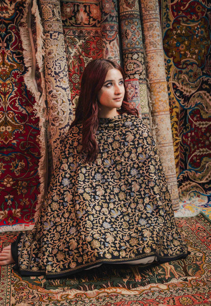 Kashmiri Aari Work Shawl - Black | Zari Outline - Kashmir Jama