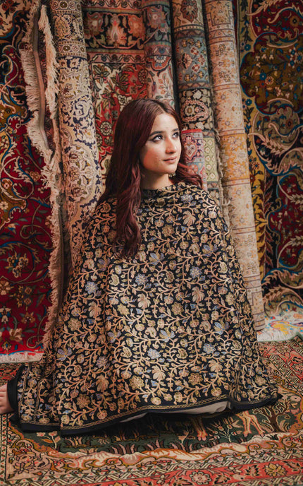 Kashmiri Aari Work Shawl - Black | Zari Outline - Kashmir Jama