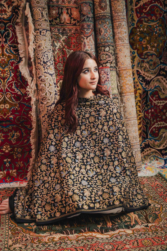 Kashmiri Aari Work Shawl - Black | Zari Outline - Kashmir Jama