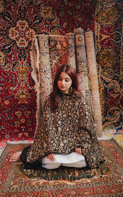 Kashmiri Aari Work Shawl - Black | Zari Outline - Kashmir Jama