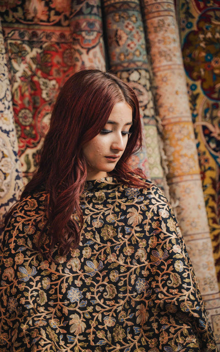 Kashmiri Aari Work Shawl - Black | Zari Outline - Kashmir Jama