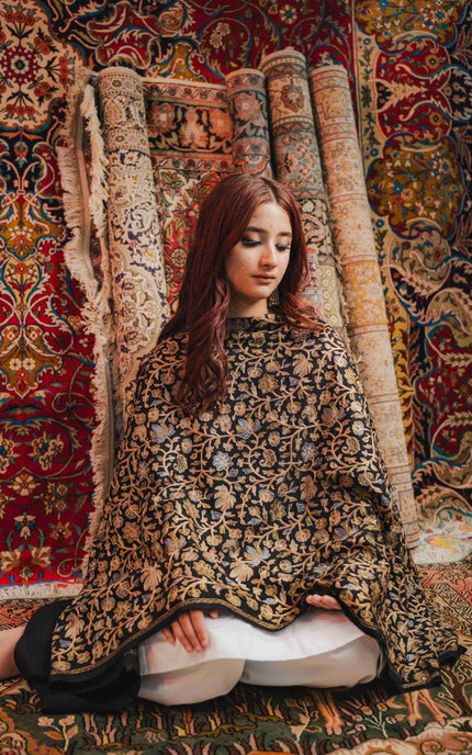 Kashmiri Aari Work Shawl - Black | Zari Outline - Kashmir Jama