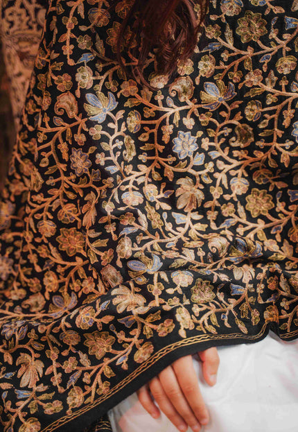 Kashmiri Aari Work Shawl - Black | Zari Outline - Kashmir Jama