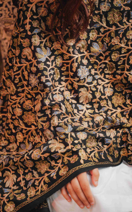 Kashmiri Aari Work Shawl - Black | Zari Outline - Kashmir Jama