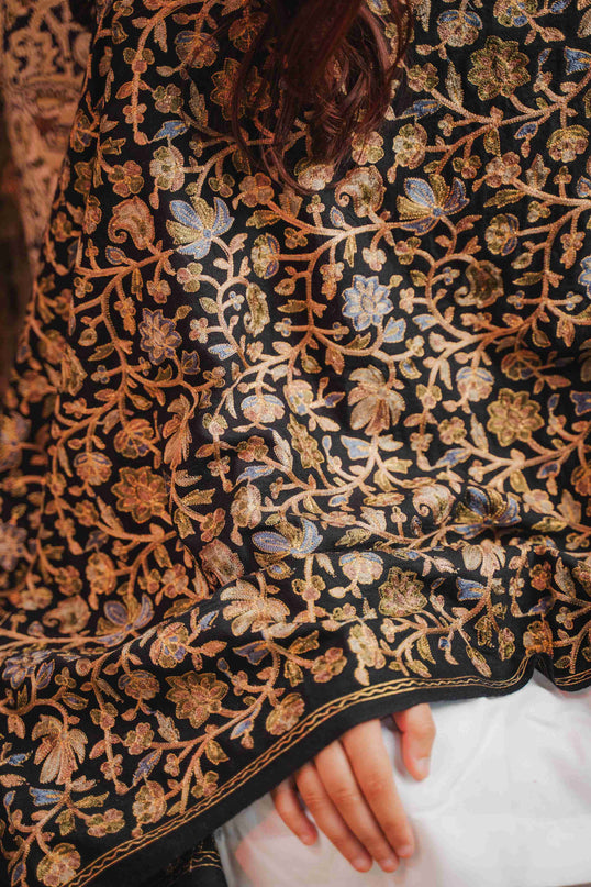 Kashmiri Aari Work Shawl - Black | Zari Outline - Kashmir Jama