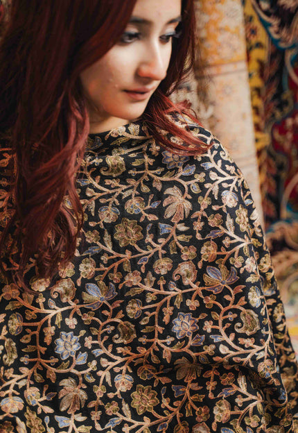 Kashmiri Aari Work Shawl - Black | Zari Outline - Kashmir Jama
