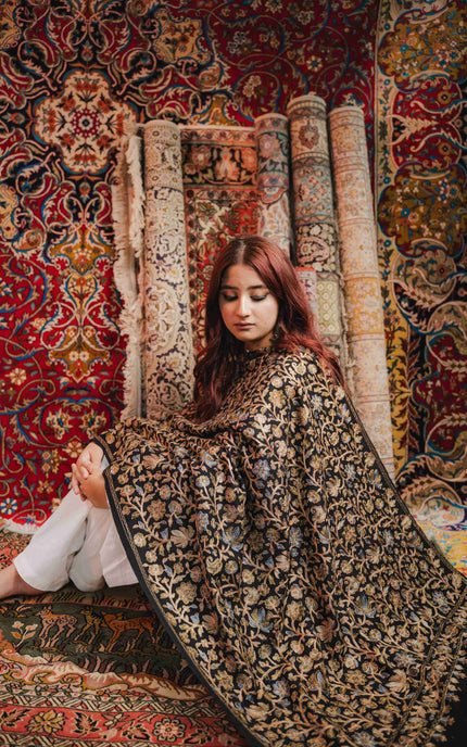 Kashmiri Aari Work Shawl - Black | Zari Outline - Kashmir Jama