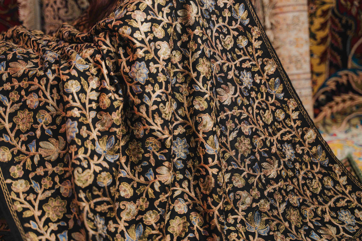 Kashmiri Aari Work Shawl - Black | Zari Outline - Kashmir Jama