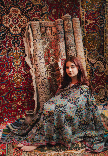 Kashmiri Kalamkari Shawl - Black Hamdan | Zari Outline - Kashmir Jama