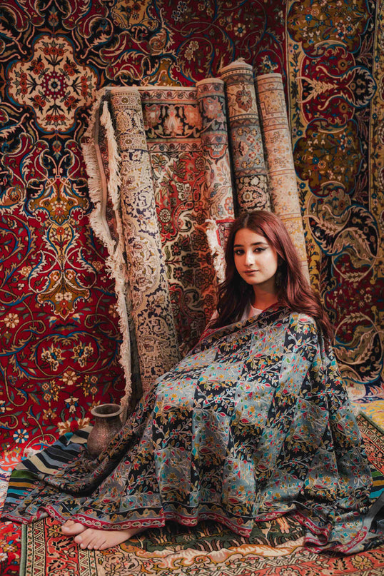 Kashmiri Kalamkari Shawl - Black Hamdan | Zari Outline - Kashmir Jama