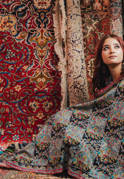 Kashmiri Kalamkari Shawl - Black Hamdan | Zari Outline - Kashmir Jama