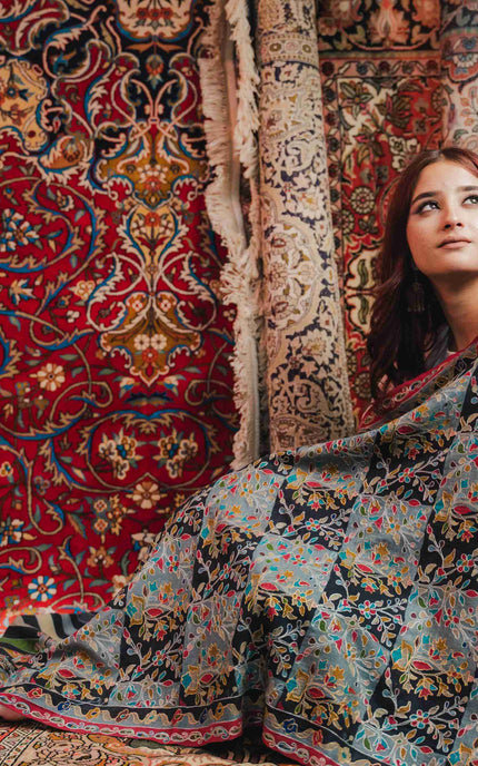 Kashmiri Kalamkari Shawl - Black Hamdan | Zari Outline - Kashmir Jama