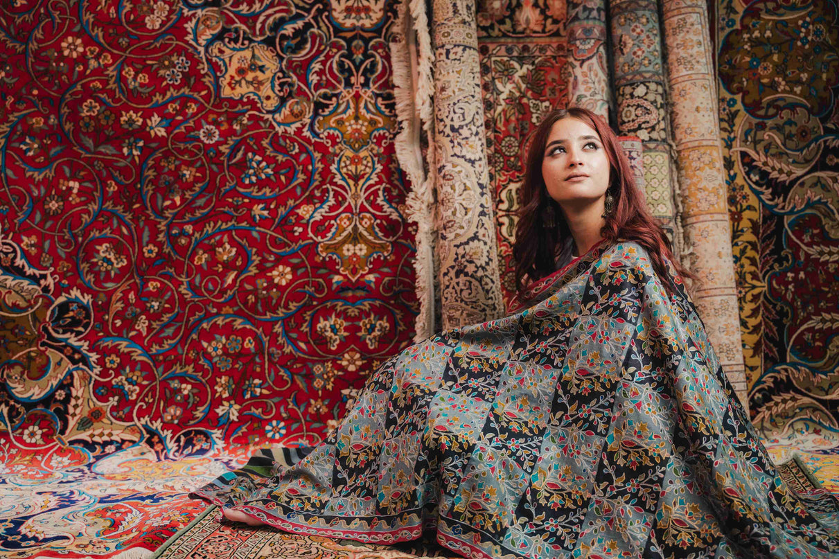 Kashmiri Kalamkari Shawl - Black Hamdan | Zari Outline - Kashmir Jama