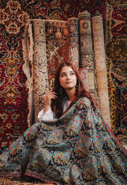 Kashmiri Kalamkari Shawl - Black Hamdan | Zari Outline - Kashmir Jama