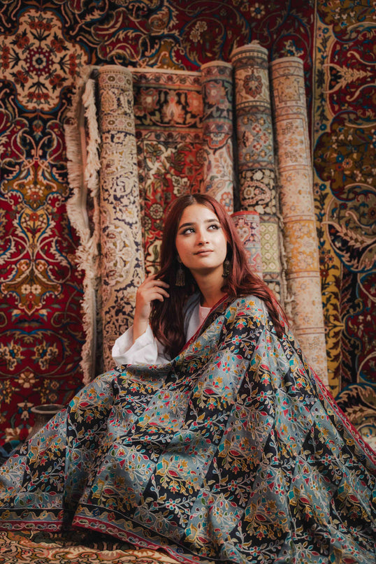 Kashmiri Kalamkari Shawl - Black Hamdan | Zari Outline - Kashmir Jama
