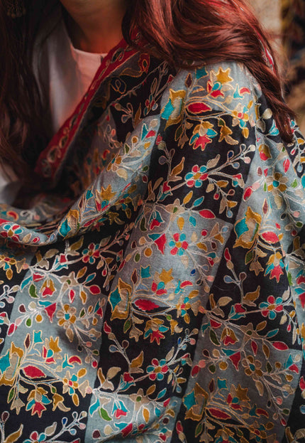 Kashmiri Kalamkari Shawl - Black Hamdan | Zari Outline - Kashmir Jama