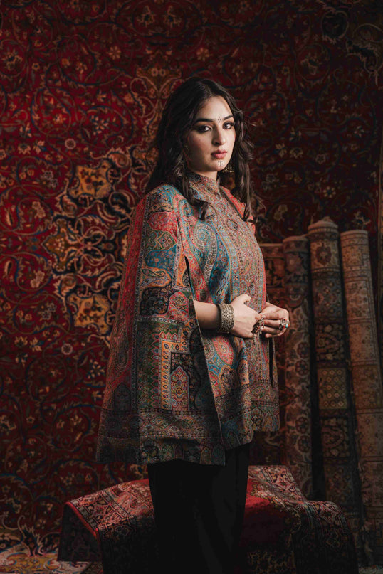 Kashmiri Kani Work Cape Coat - Multi Colour - Kashmir Jama