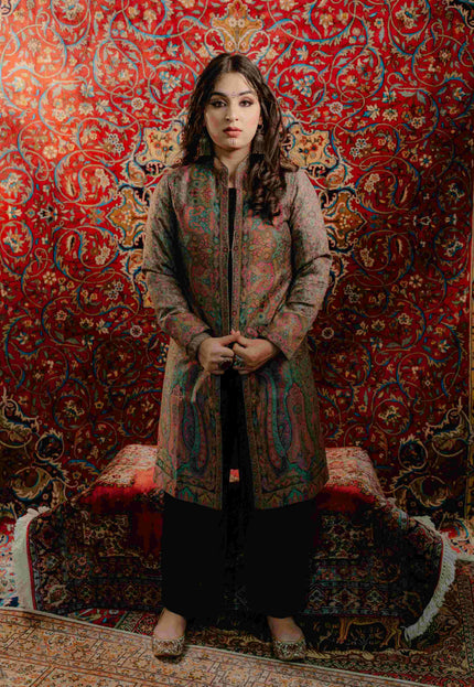 Kashmiri Kani Work Jacket - Long | Silk - Kashmir Jama