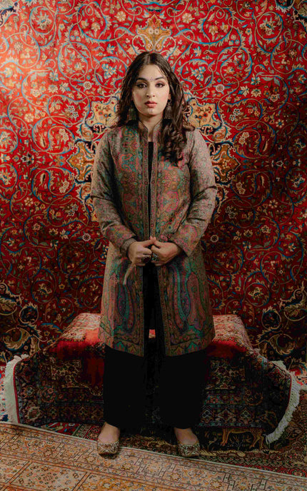 Kashmiri Kani Work Jacket - Long | Silk - Kashmir Jama