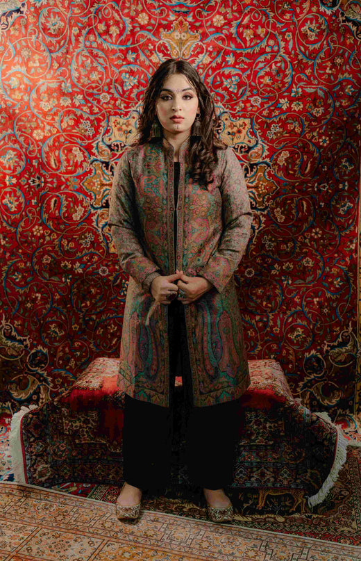 Kashmiri Kani Work Jacket - Long | Silk - Kashmir Jama