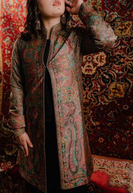 Kashmiri Kani Work Jacket - Long | Silk - Kashmir Jama