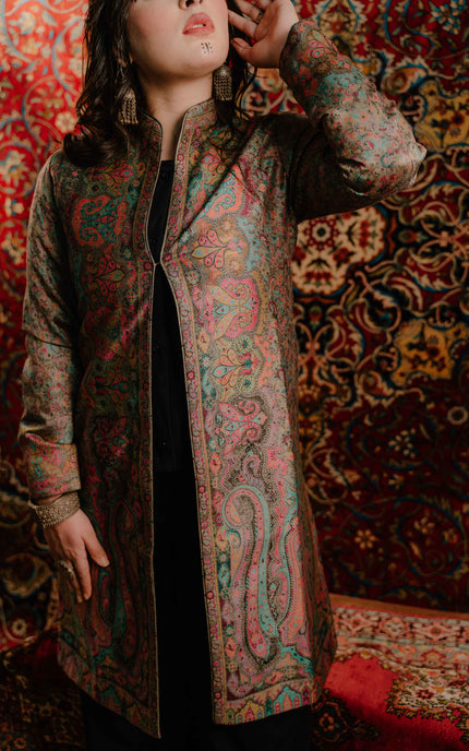 Kashmiri Kani Work Jacket - Long | Silk - Kashmir Jama