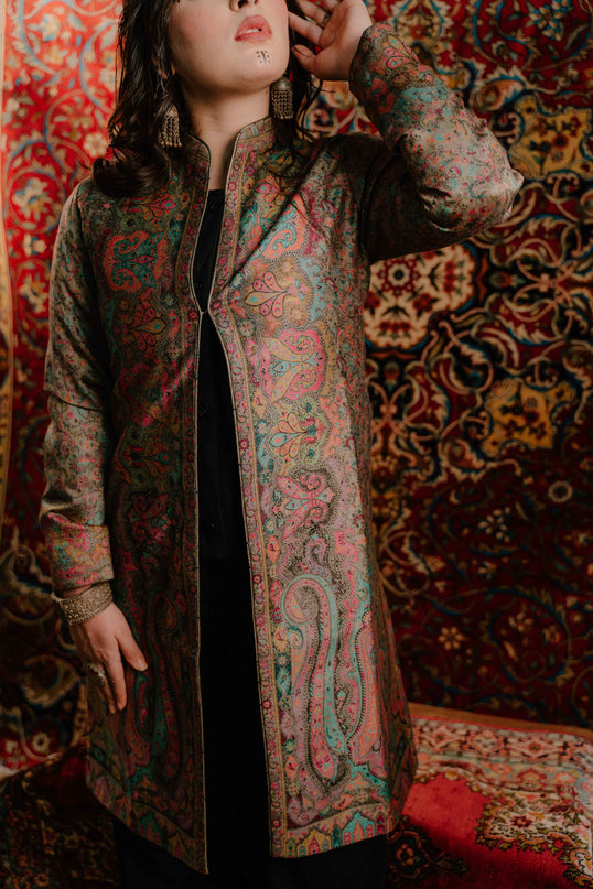 Kashmiri Kani Work Jacket - Long | Silk - Kashmir Jama