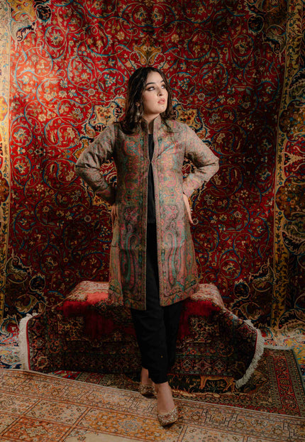 Kashmiri Kani Work Jacket - Long | Silk - Kashmir Jama