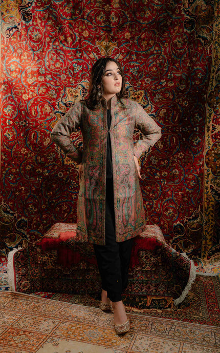 Kashmiri Kani Work Jacket - Long | Silk - Kashmir Jama
