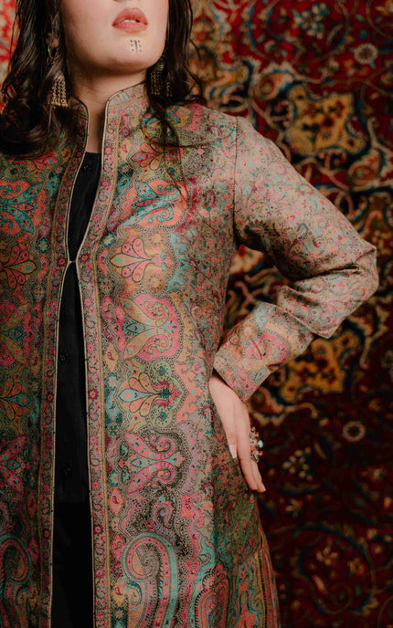 Kashmiri Kani Work Jacket - Long | Silk - Kashmir Jama