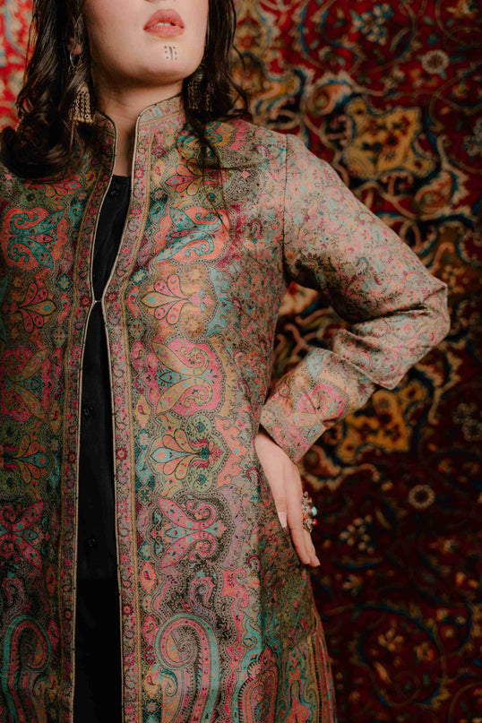 Kashmiri Kani Work Jacket - Long | Silk - Kashmir Jama