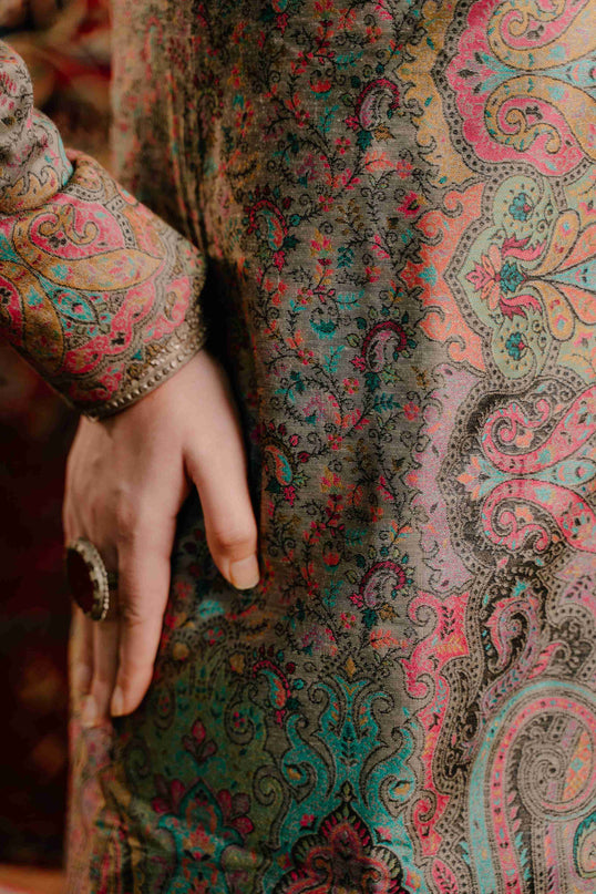 Kashmiri Kani Work Jacket - Long | Silk - Kashmir Jama