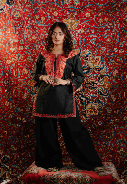 Trendy Aari Work Kurti Black With Red Embroidery - Short | Cotton - Kashmir Jama