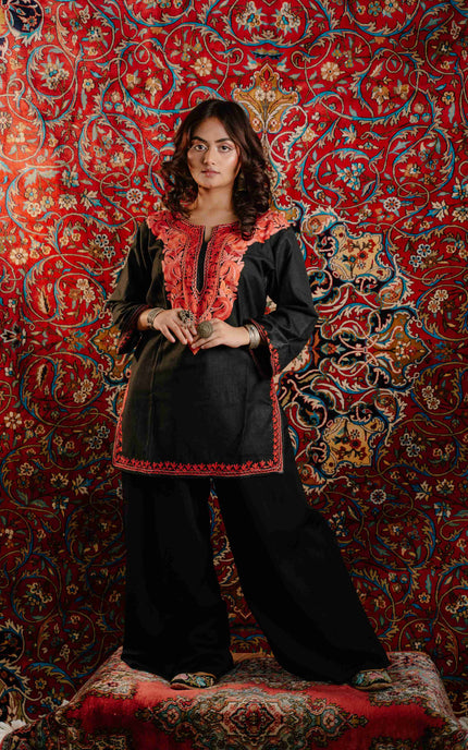 Trendy Aari Work Kurti Black With Red Embroidery - Short | Cotton - Kashmir Jama