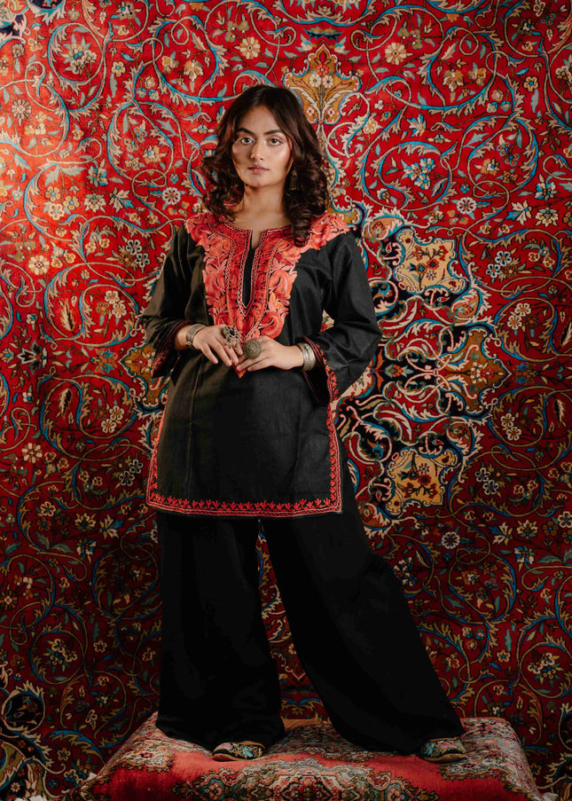 Trendy Aari Work Kurti Black With Red Embroidery - Short | Cotton - Kashmir Jama