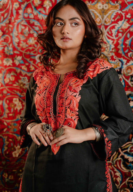 Trendy Aari Work Kurti Black With Red Embroidery - Short | Cotton - Kashmir Jama