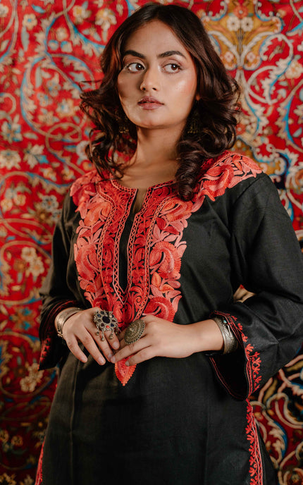 Trendy Aari Work Kurti Black With Red Embroidery - Short | Cotton - Kashmir Jama