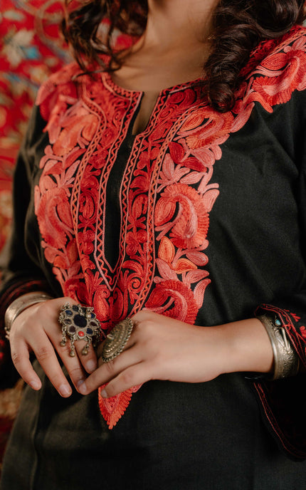 Trendy Aari Work Kurti Black With Red Embroidery - Short | Cotton - Kashmir Jama