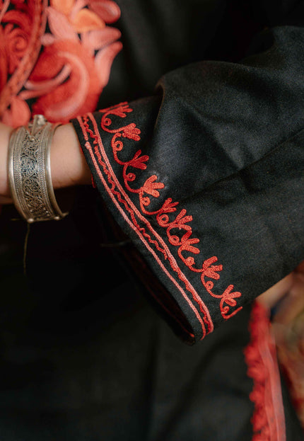 Trendy Aari Work Kurti Black With Red Embroidery - Short | Cotton - Kashmir Jama