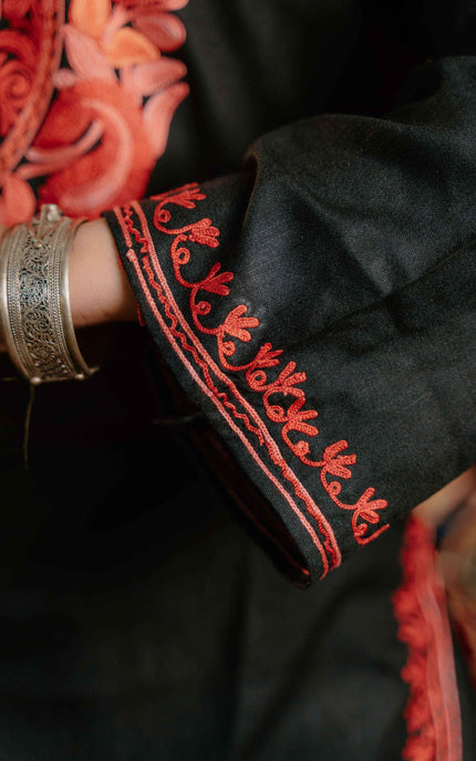 Trendy Aari Work Kurti Black With Red Embroidery - Short | Cotton - Kashmir Jama