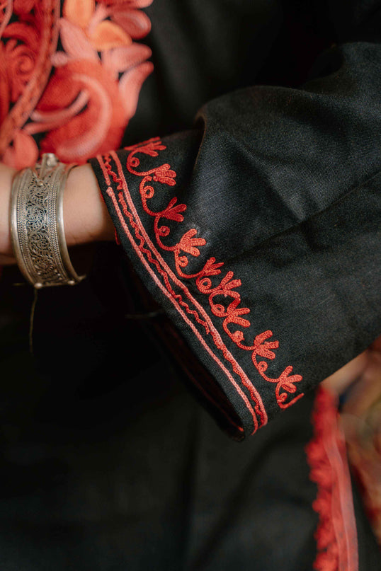 Trendy Aari Work Kurti Black With Red Embroidery - Short | Cotton - Kashmir Jama